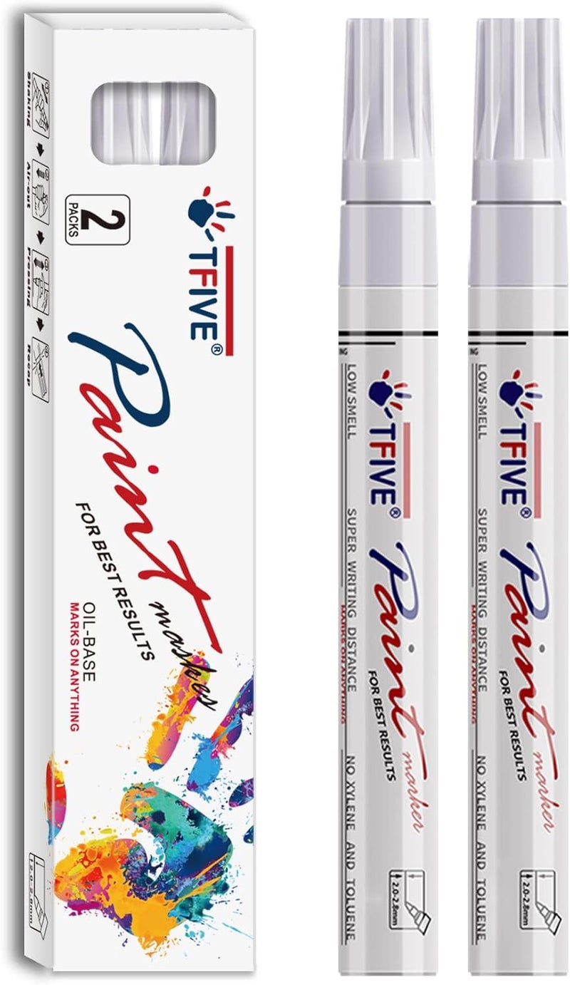 TFIVE White Permanent Paint Marker Pens - 2 Count Oil Based Marker Pen, Medium Tip, Waterproof & Quick Dry, for Office, Art projects, Rock Painting, Ceramic, Glass, Wood, Plastic, Metal, Canvas - Image 1